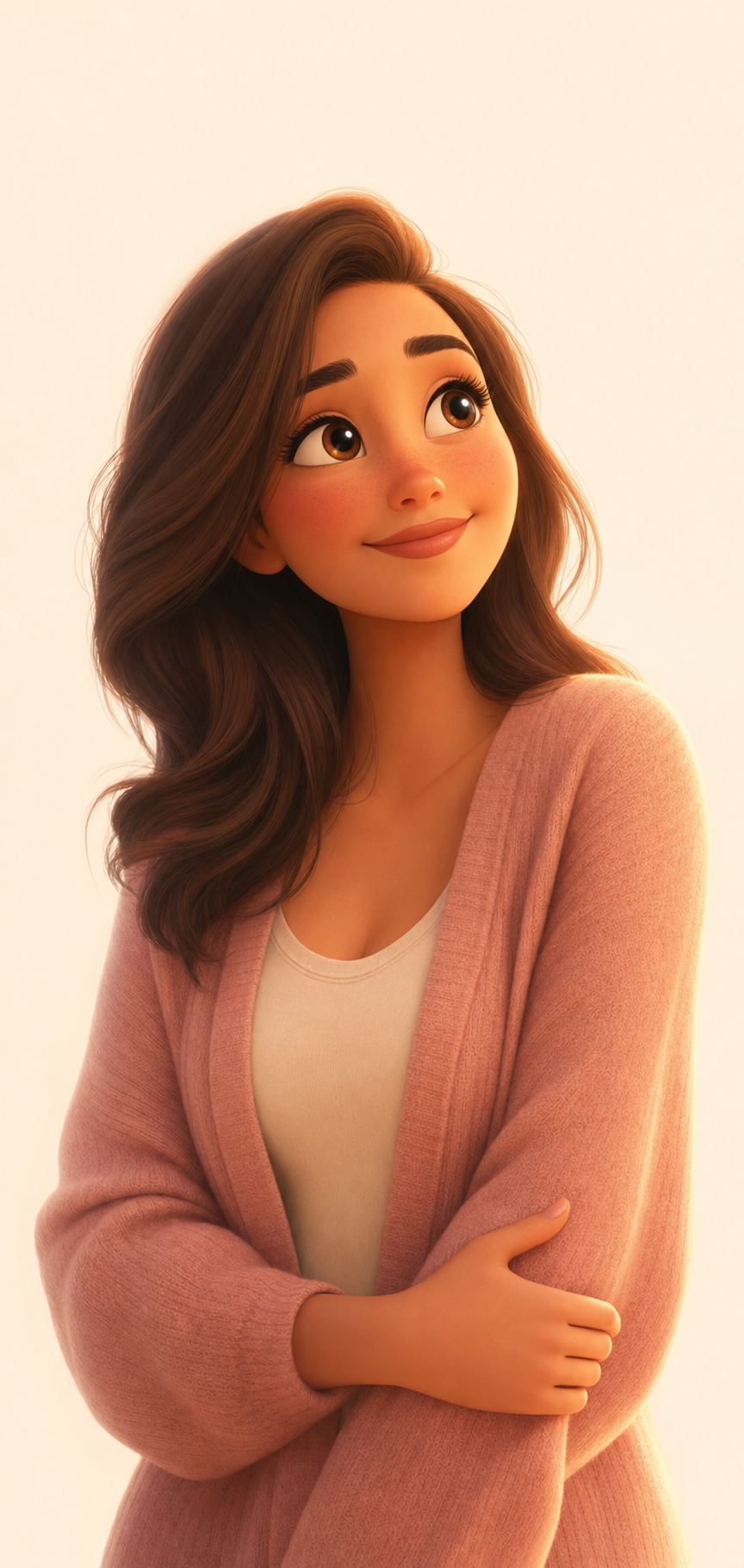 A warm illustration of a hopeful young woman looking toward the light